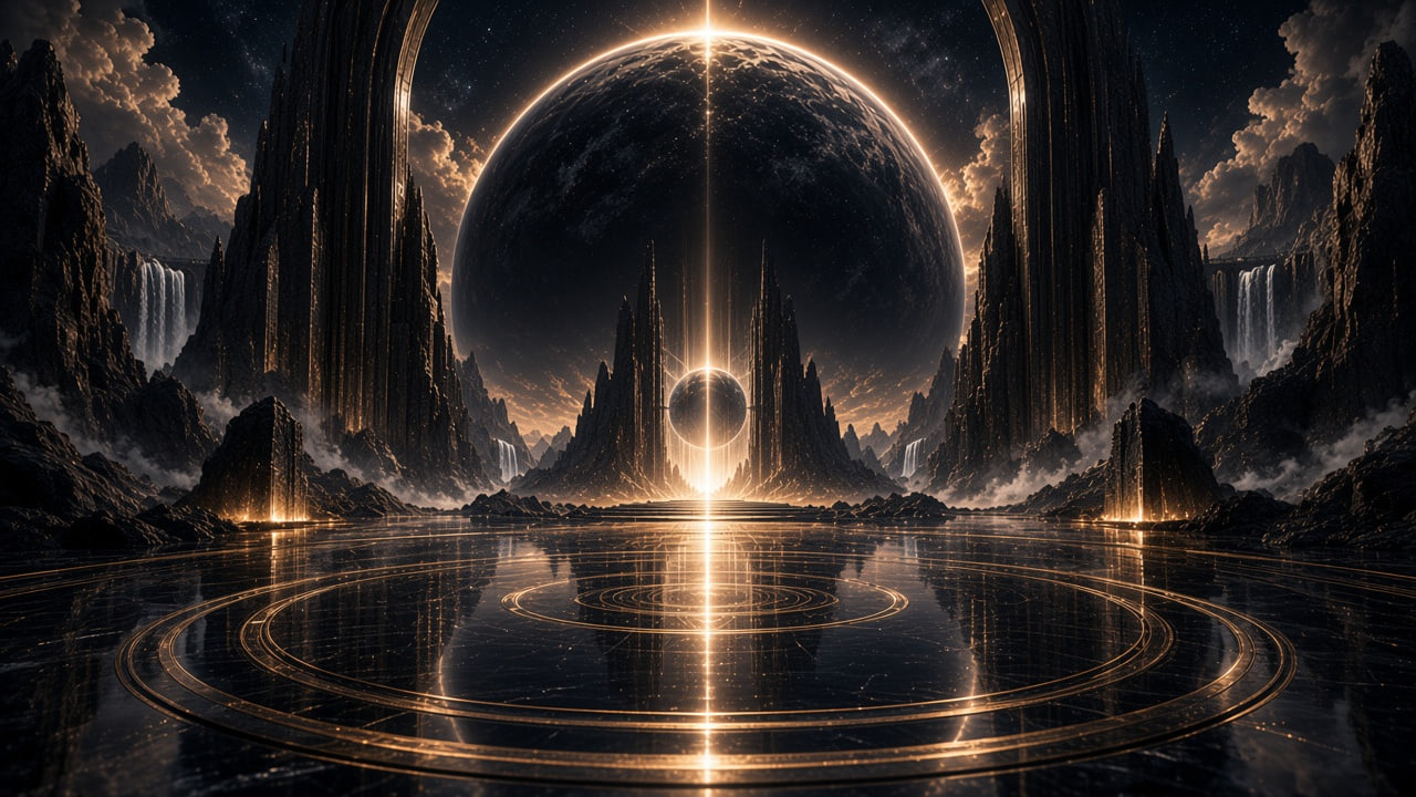Night court of black stone under a dim planet, opened by one line of gold light.